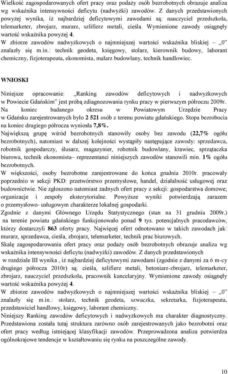 Wymienione zawody osiągnęły wartość wsaźnia powyżej 4. W zbiorze zawodów nadwyżowych o najmniejszej wartości wsaźnia blisiej 0 znalazły się m.in.