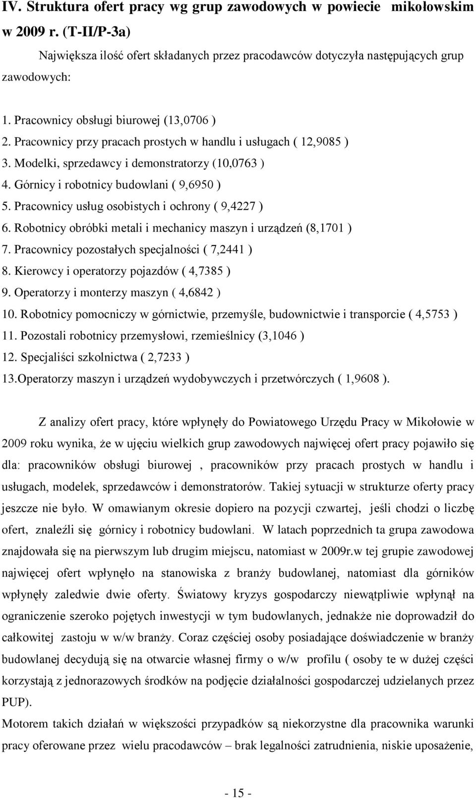 Górnicy i robotnicy budowlani ( 9,6950 ) 5. Pracownicy usług osobistych i ochrony ( 9,4227 ) 6. Robotnicy obróbki metali i mechanicy maszyn i urządzeń (8,1701 ) 7.