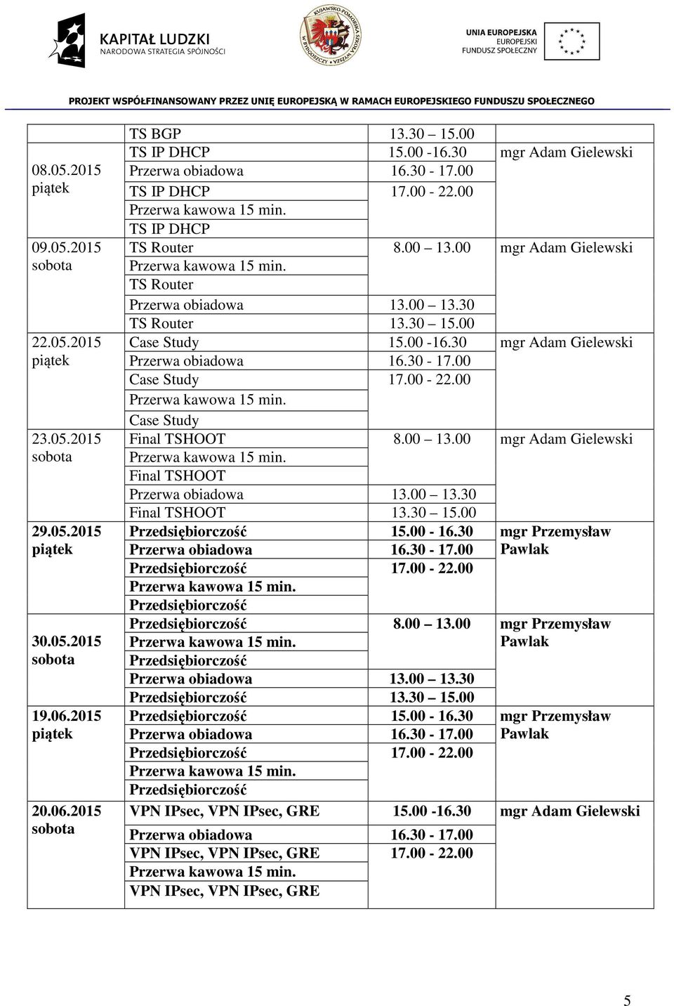 30 Case Study Case Study Final TSHOOT 8.00 13.00 Final TSHOOT Final TSHOOT 13.30 15.00 15.00-16.30 mgr Przemysław Pawlak 8.00 13.00 mgr Przemysław Pawlak 13.