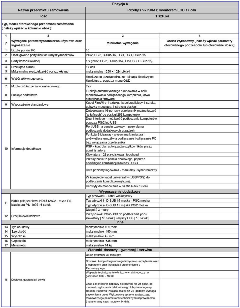 klawiszy na klawiaturze, poprzez menu OSD 7 Możliwość łaczenia w kaskadowego Tak 8 Funkcje dodatkowe Funkcja automatycznego skanowania w celu monitorowania podłączonego komputera, łatwa aktualizacja