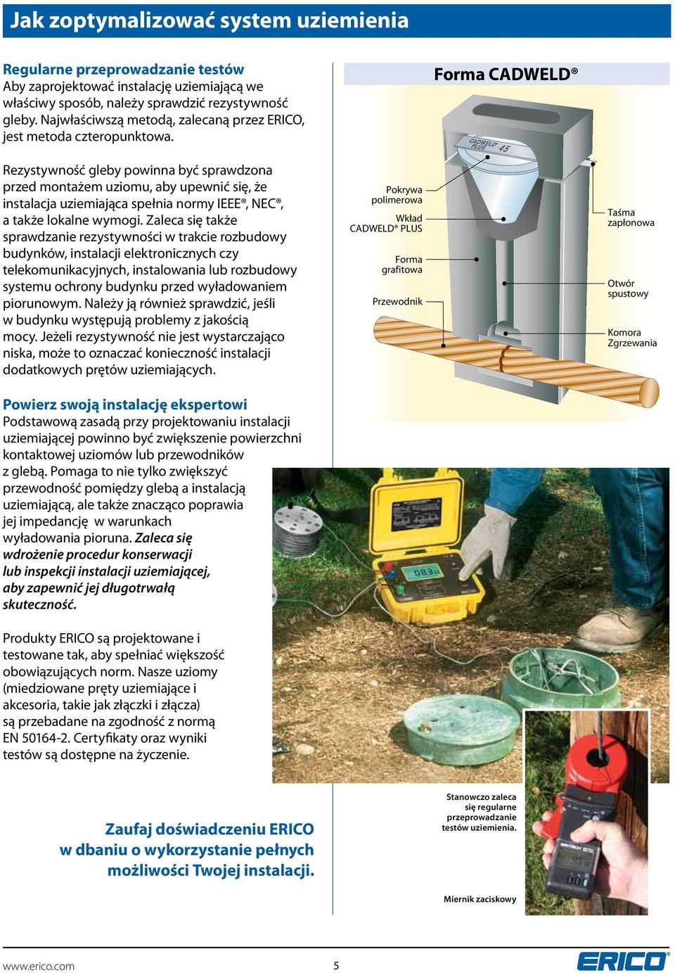 Forma CADWELD Rezystywność gleby powinna być sprawdzona przed montażem uziomu, aby upewnić się, że instalacja uziemiająca spełnia normy IEEE, NEC, a także lokalne wymogi.