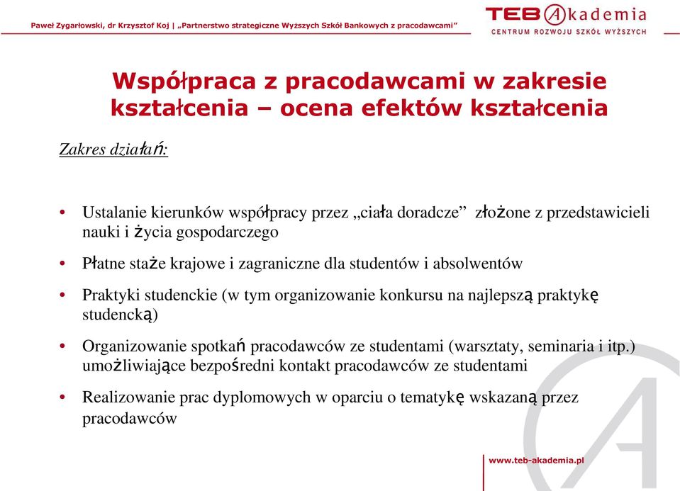 studenckie (w tym organizowanie konkursu na najlepszą praktykę studencką) Organizowanie spotkań pracodawców ze studentami (warsztaty,