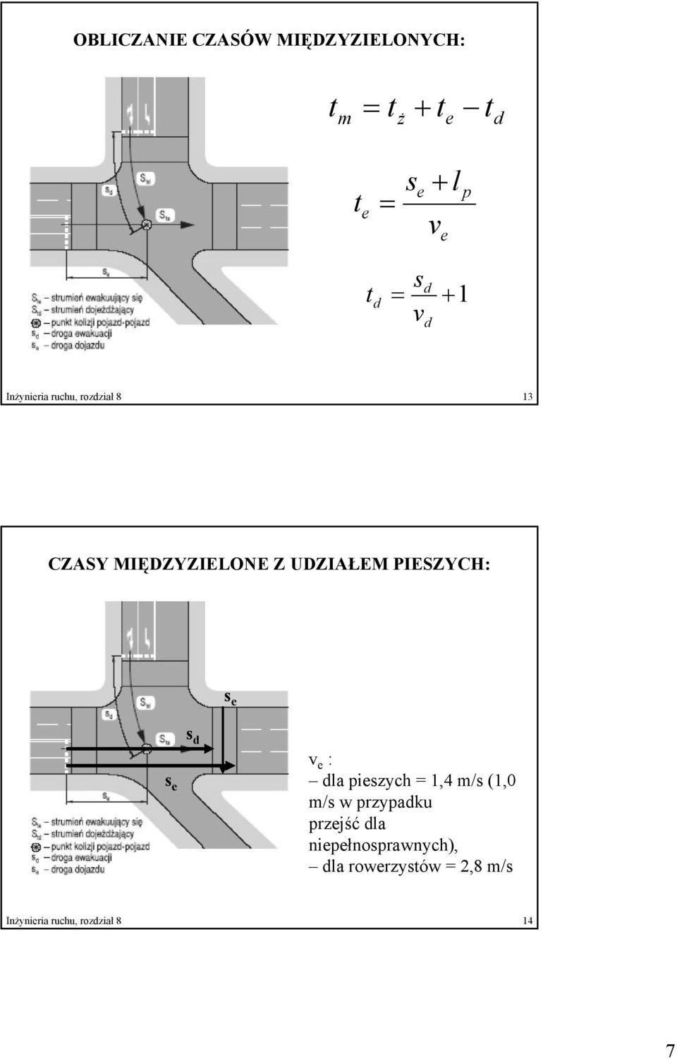 s e s e s d v e : dla pieszych = 1,4 m/s (1,0 m/s w przypadku przejść dla
