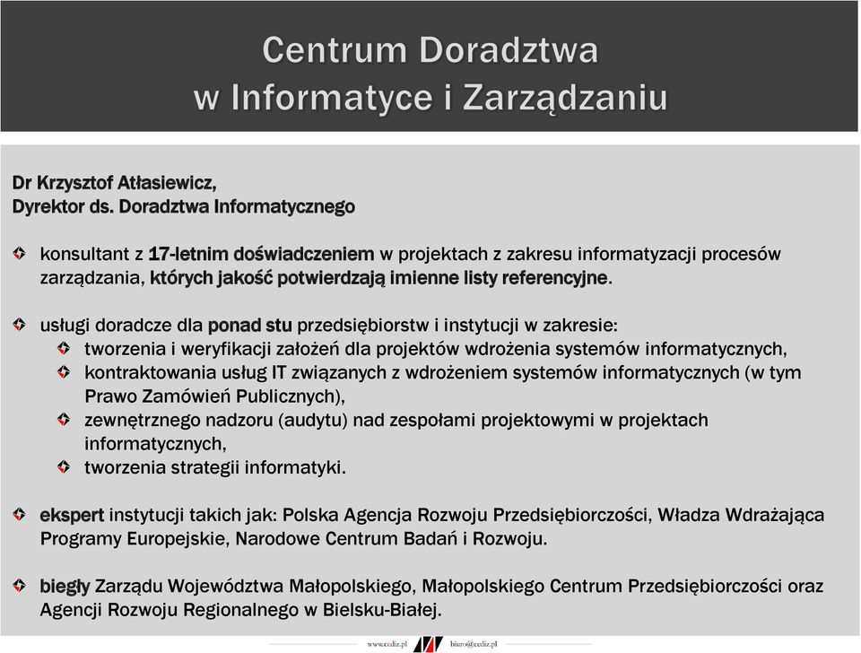 usługi doradcze dla ponad stu przedsiębiorstw i instytucji w zakresie: tworzenia i weryfikacji założeń dla projektów wdrożenia systemów informatycznych, kontraktowania usług IT związanych z