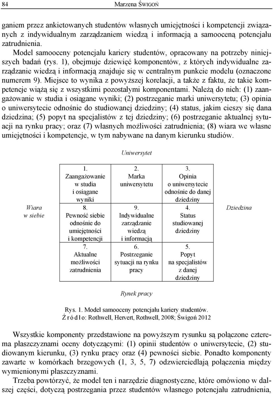 1), obejmuje dziewięć komponentów, z których indywidualne zarządzanie wiedzą i informacją znajduje się w centralnym punkcie modelu (oznaczone numerem 9).