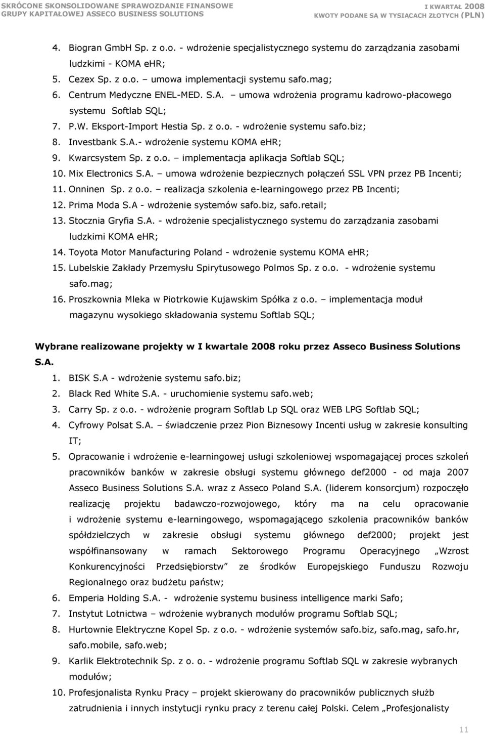 Mix Electronics S.A. umowa wdrożenie bezpiecznych połączeń SSL VPN przez PB Incenti; 11. Onninen Sp. z o.o. realizacja szkolenia e-learningowego przez PB Incenti; 12. Prima Moda S.