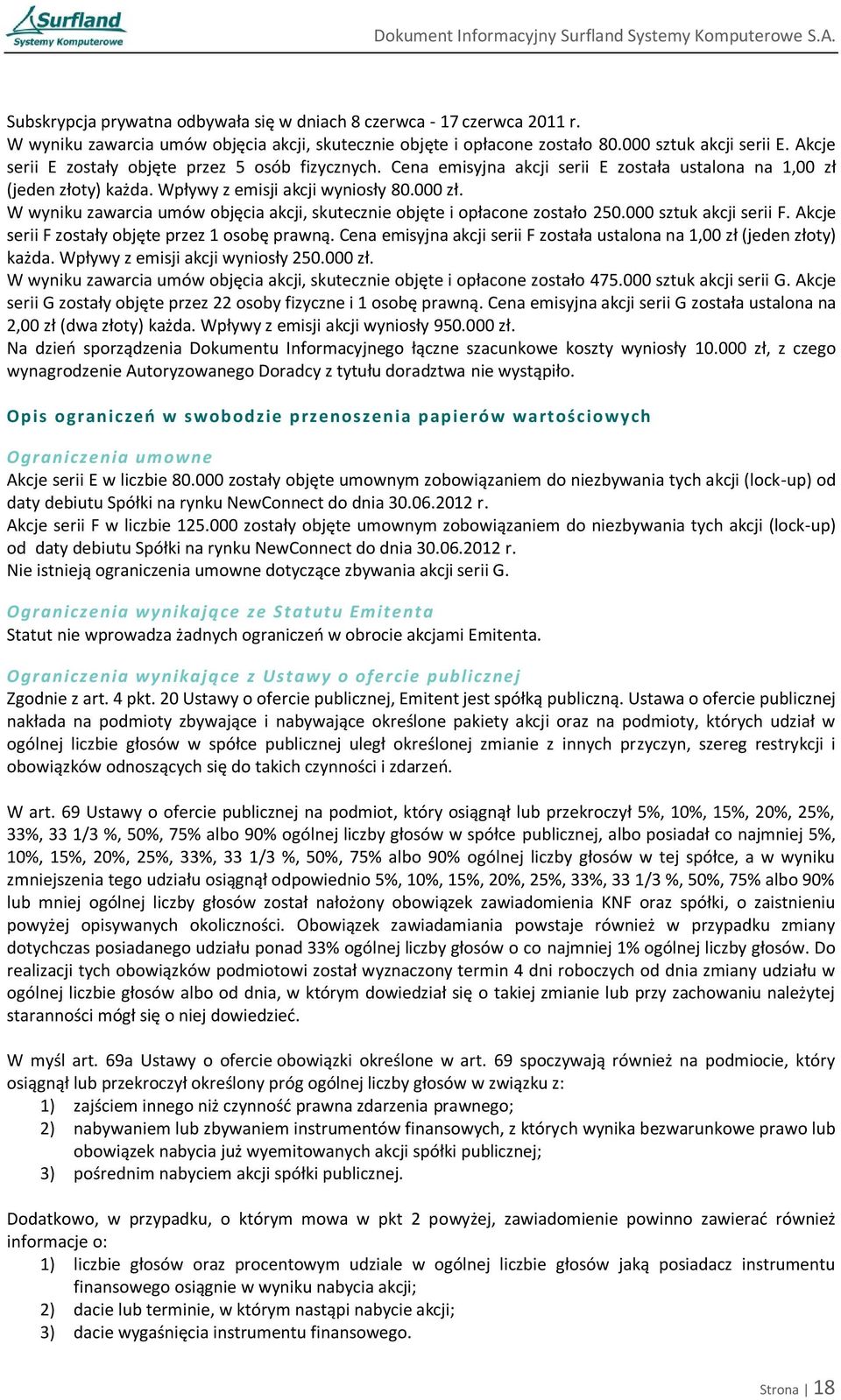 W wyniku zawarcia umów objęcia akcji, skutecznie objęte i opłacone zostało 250.000 sztuk akcji serii F. Akcje serii F zostały objęte przez 1 osobę prawną.