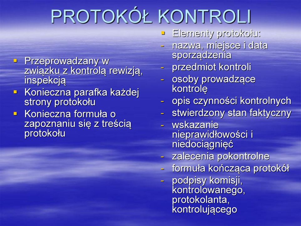 kontroli - osoby prowadzące kontrolę - opis czynności kontrolnych - stwierdzony stan faktyczny - wskazanie nieprawidłowości