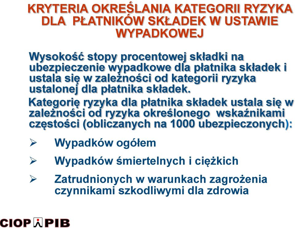 Kategorię ryzyka dla płatnika składek ustala się w zależności od ryzyka określonego wskaźnikami częstości (obliczanych na 1000