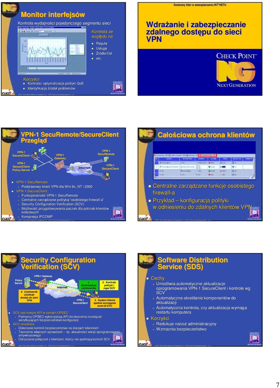 Identyfikacja źródeł problemów VPN-1 SecuRemote/SecureClient Przegląd Całościowa ochrona klientów VPN-1 SecureClient VPN-1 SecureClient Policy Server VPN-1 Gateway VPN-1 SecuRemote VPN-1 SecureClient!