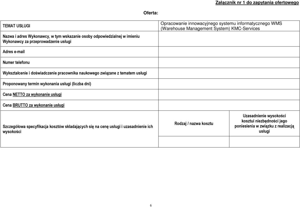 naukowego związane z tematem usługi Proponowany termin wykonania usługi (liczba dni) Cena NETTO za wykonanie usługi Cena BRUTTO za wykonanie usługi Szczegółowa specyfikacja