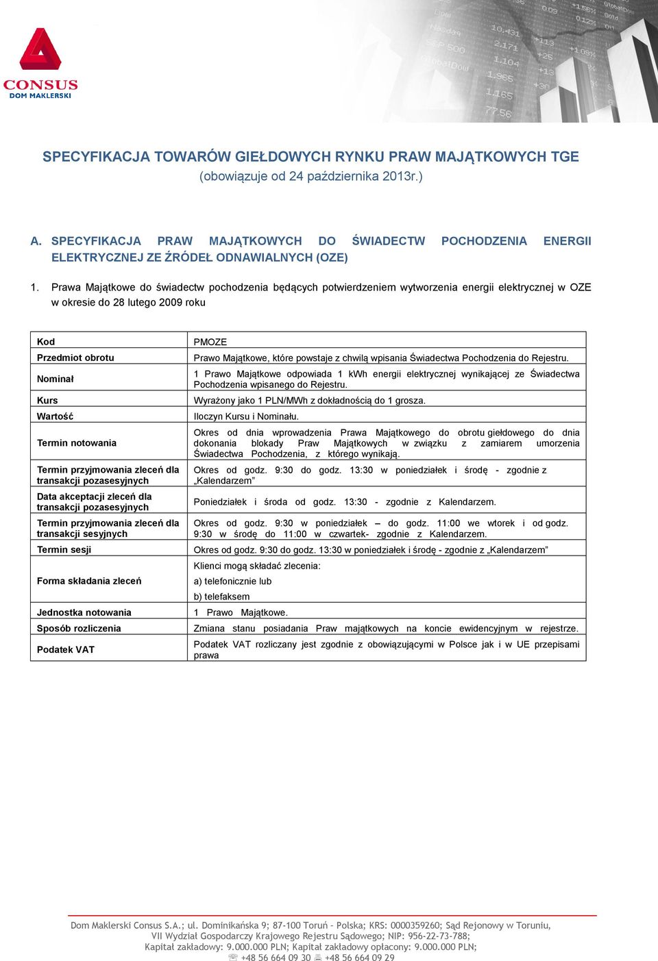 Prawa Majątkowe do świadectw pochodzenia będących potwierdzeniem wytworzenia energii elektrycznej w OZE w okresie do 28 lutego 2009 roku zleceń dla transakcji transakcji zleceń dla transakcji