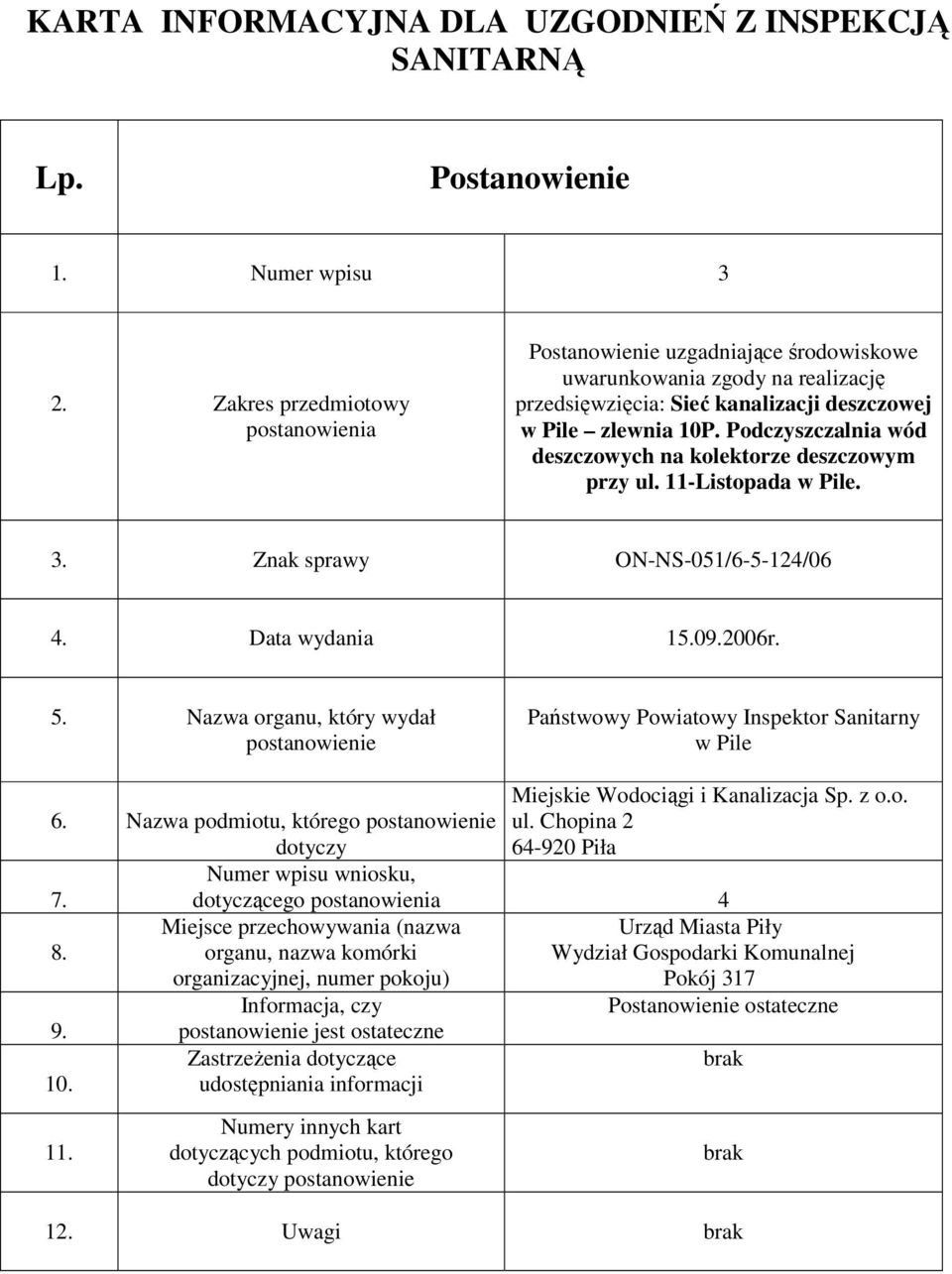 Data wydania 15.02006r. Miejskie Wodociągi i Kanalizacja Sp. z o.o. ul. Chopina 2 6.