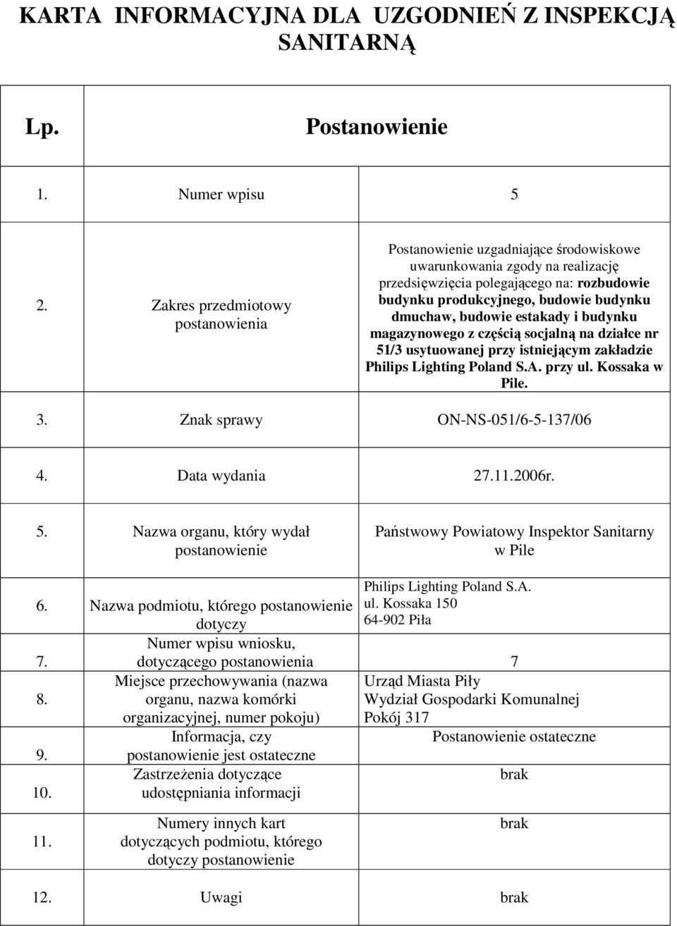 przy ul. Kossaka w Pile. 3. Znak sprawy ON-NS-051/6-5-137/06 4. Data wydania 22006r. Philips Lighting Poland S.A. 6. Nazwa podmiotu, którego ul.