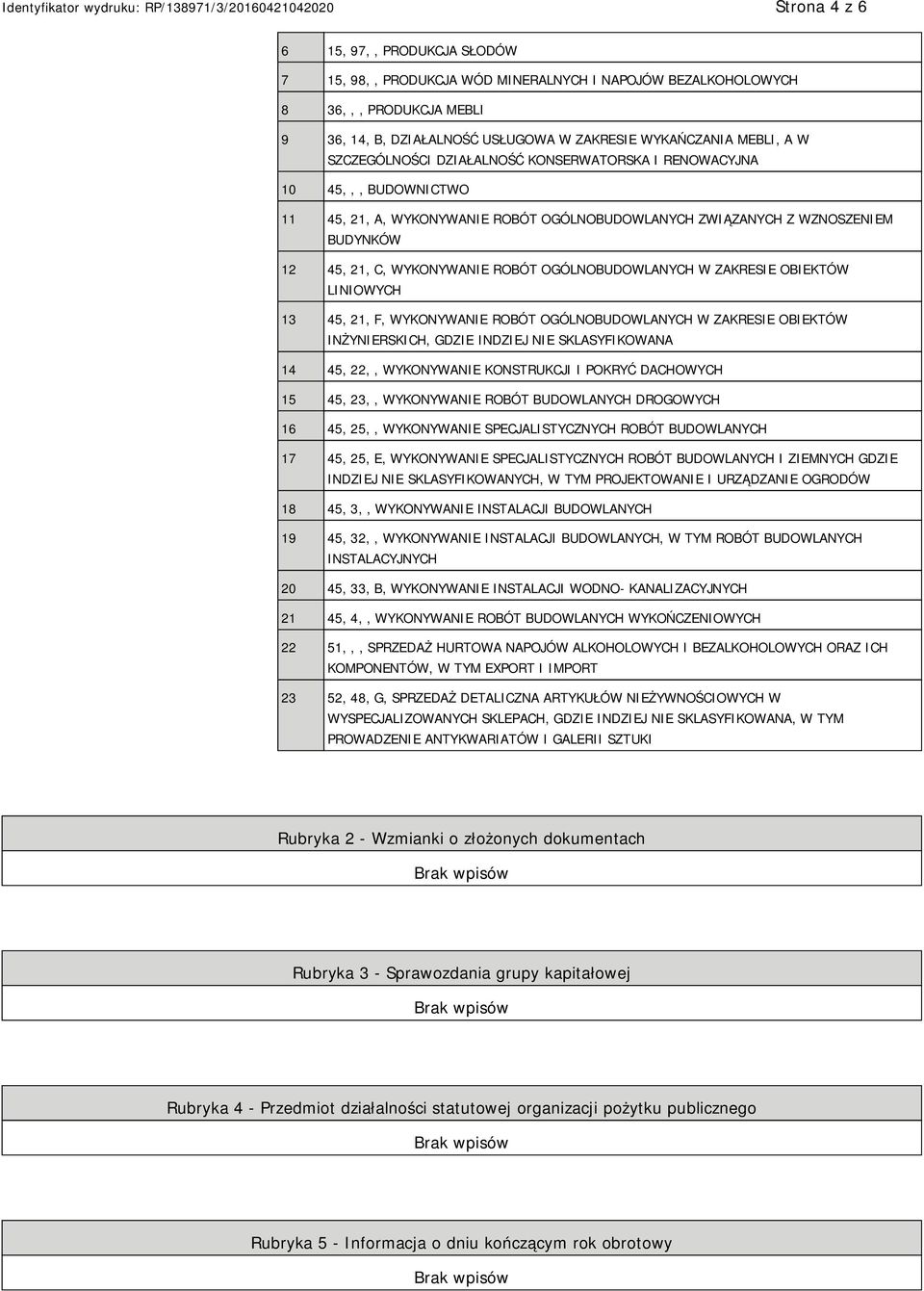 OGÓLNOBUDOWLANYCH W ZAKRESIE OBIEKTÓW LINIOWYCH 13 45, 21, F, WYKONYWANIE ROBÓT OGÓLNOBUDOWLANYCH W ZAKRESIE OBIEKTÓW INŻYNIERSKICH, GDZIE INDZIEJ NIE SKLASYFIKOWANA 14 45, 22,, WYKONYWANIE