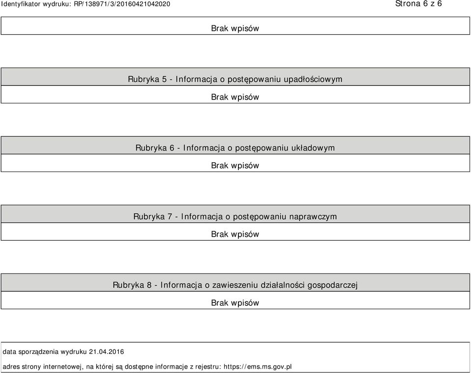 Informacja o zawieszeniu działalności gospodarczej data sporządzenia wydruku 21.04.