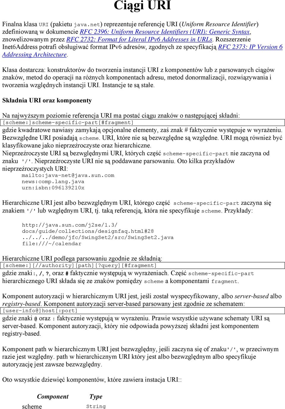 Literal IPv6 Addresses in URLs. Rozszerzenie Inet6Address potrafi obsługiwać format IPv6 adresów, zgodnych ze specyfikacją RFC 2373: IP Version 6 Addressing Architecture.