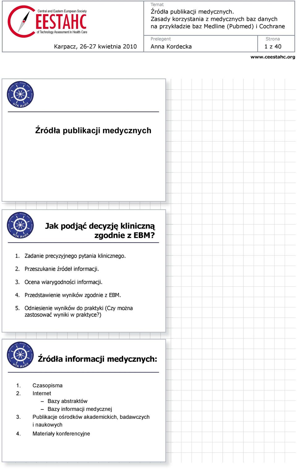 Odniesienie wyników do praktyki (Czy mo na zastosowa wyniki w praktyce?) ród a informacji medycznych: 1. Czasopisma 2.