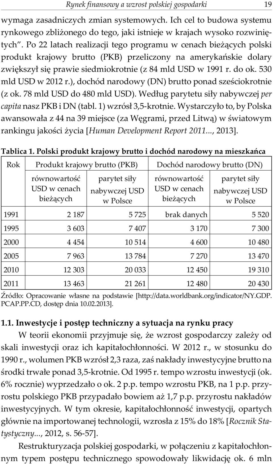 530 mld USD w 2012 r.), dochód narodowy (DN) brutto ponad szeœciokrotnie (z ok. 78 mld USD do 480 mld USD). Wed³ug parytetu si³y nabywczej per capita nasz PKB i DN (tabl. 1) wzrós³ 3,5-krotnie.