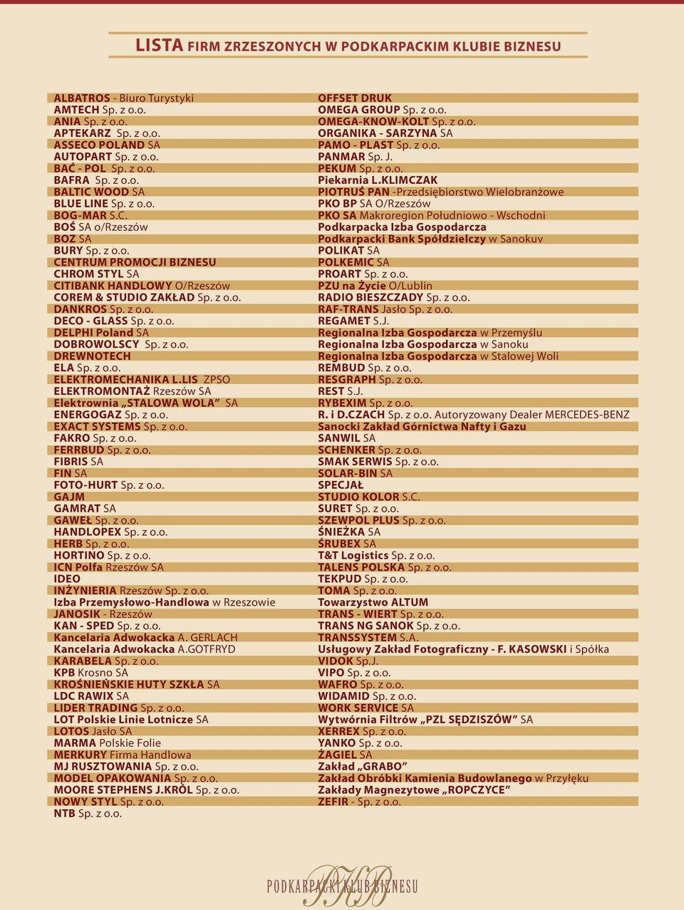 z o.o. DECO - GLASS Sp. z o.o. DELPHI Poland SA DOBROWOLSCY Sp. z o.o. DREWNOTECH ELA Sp. z o.o. ELEKTROMECHANIKA L.LIS ZPSO ELEKTROMONTAŻ Rzeszów SA Elektrownia STALOWA WOLA SA ENERGOGAZ Sp. z o.o. EXACT SYSTEMS Sp.