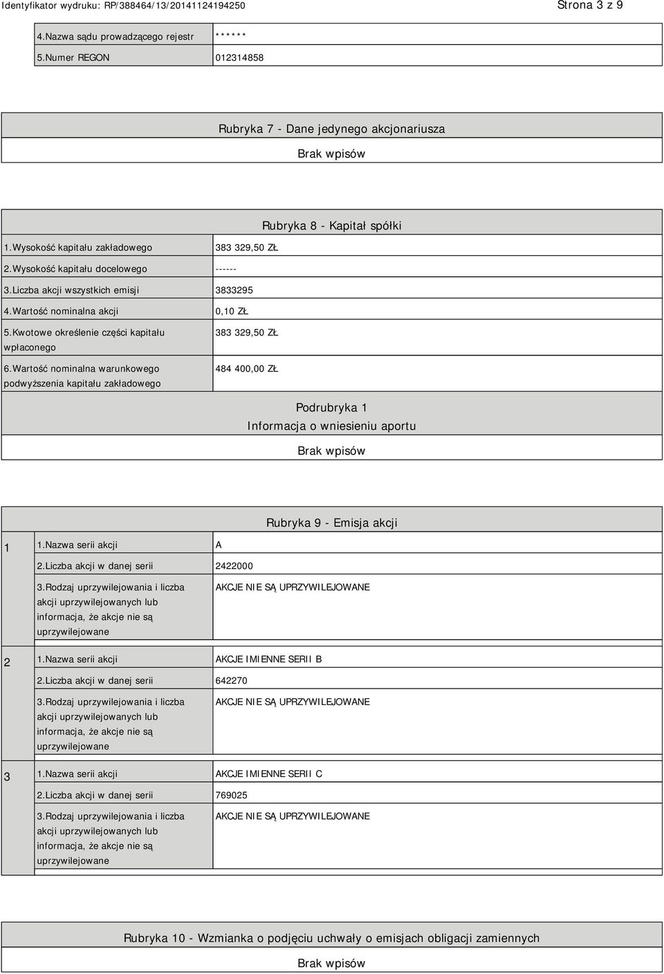 Wartość nominalna warunkowego podwyższenia kapitału zakładowego 0,10 ZŁ 383 329,50 ZŁ 484 400,00 ZŁ Podrubryka 1 Informacja o wniesieniu aportu Rubryka 9 - Emisja akcji 1 1.Nazwa serii akcji A 2.