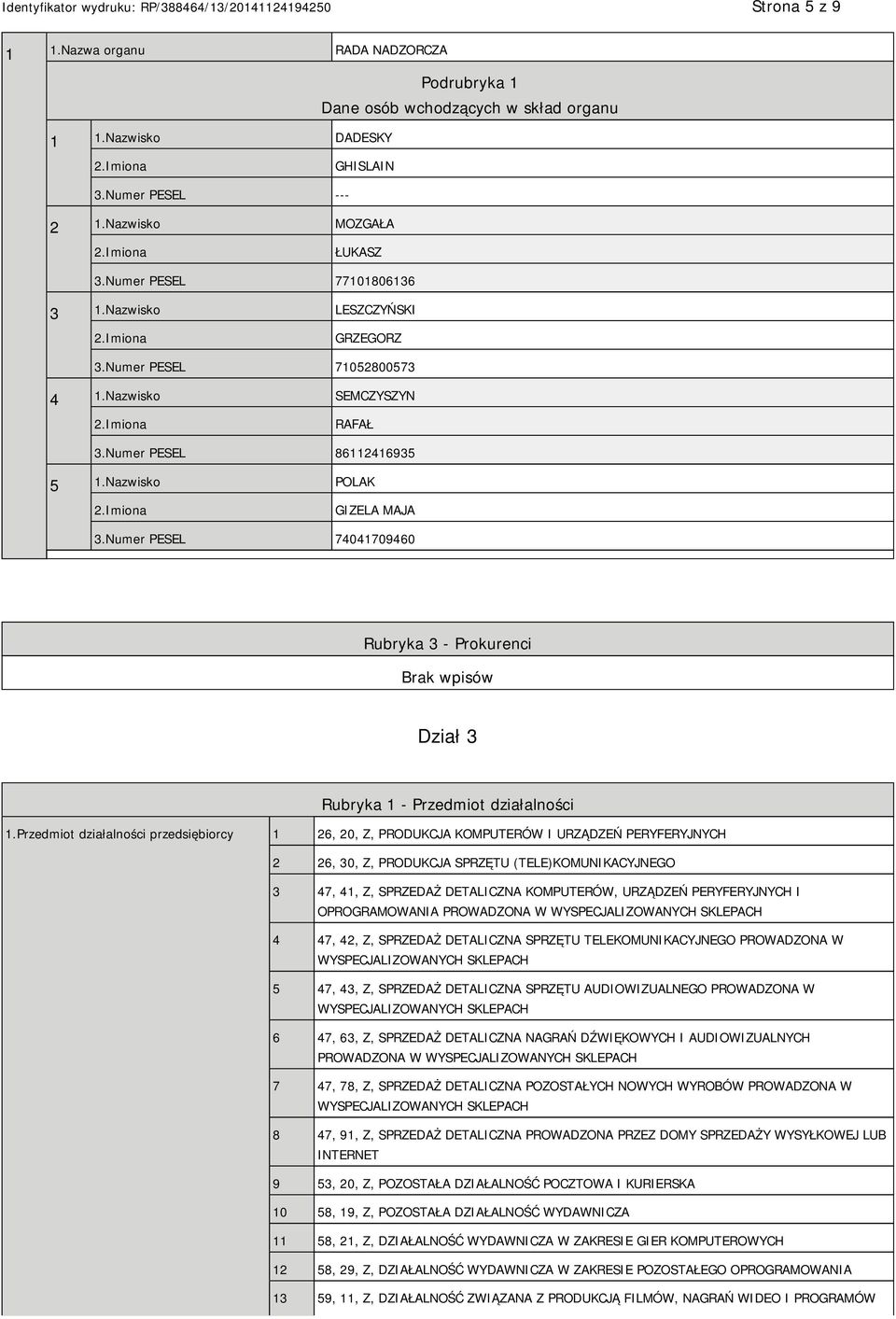 Numer PESEL 74041709460 Rubryka 3 - Prokurenci Dział 3 Rubryka 1 - Przedmiot działalności 1.