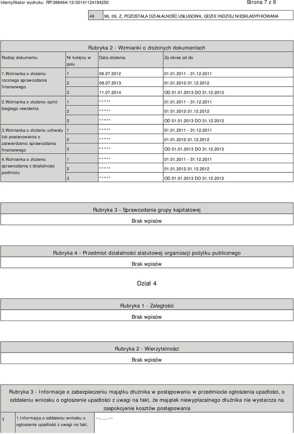 12.2013 1 ***** 01.01.2011-31.12.2011 2 ***** 01.01.2012-31.12.2012 3 ***** OD 01.01.2013 DO 31.12.2013 3.Wzmianka o złożeniu uchwały lub postanowienia o zatwierdzeniu sprawozdania finansowego 4.