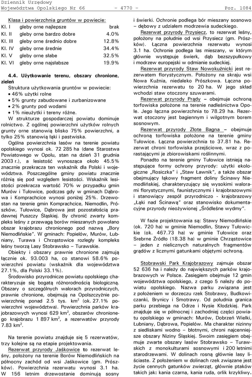 4% Kl. V gleby orne słabe 32.5% Kl. VI gleby orne najsłabsze 19.9% 4.4. Użytkowanie terenu, obszary chronione, zieleń Struktura użytkowania gruntów w powiecie: 46% użytki rolne 5% grunty zabudowane i zurbanizowane 2% grunty pod wodami 1% nieużytki i tereny różne.