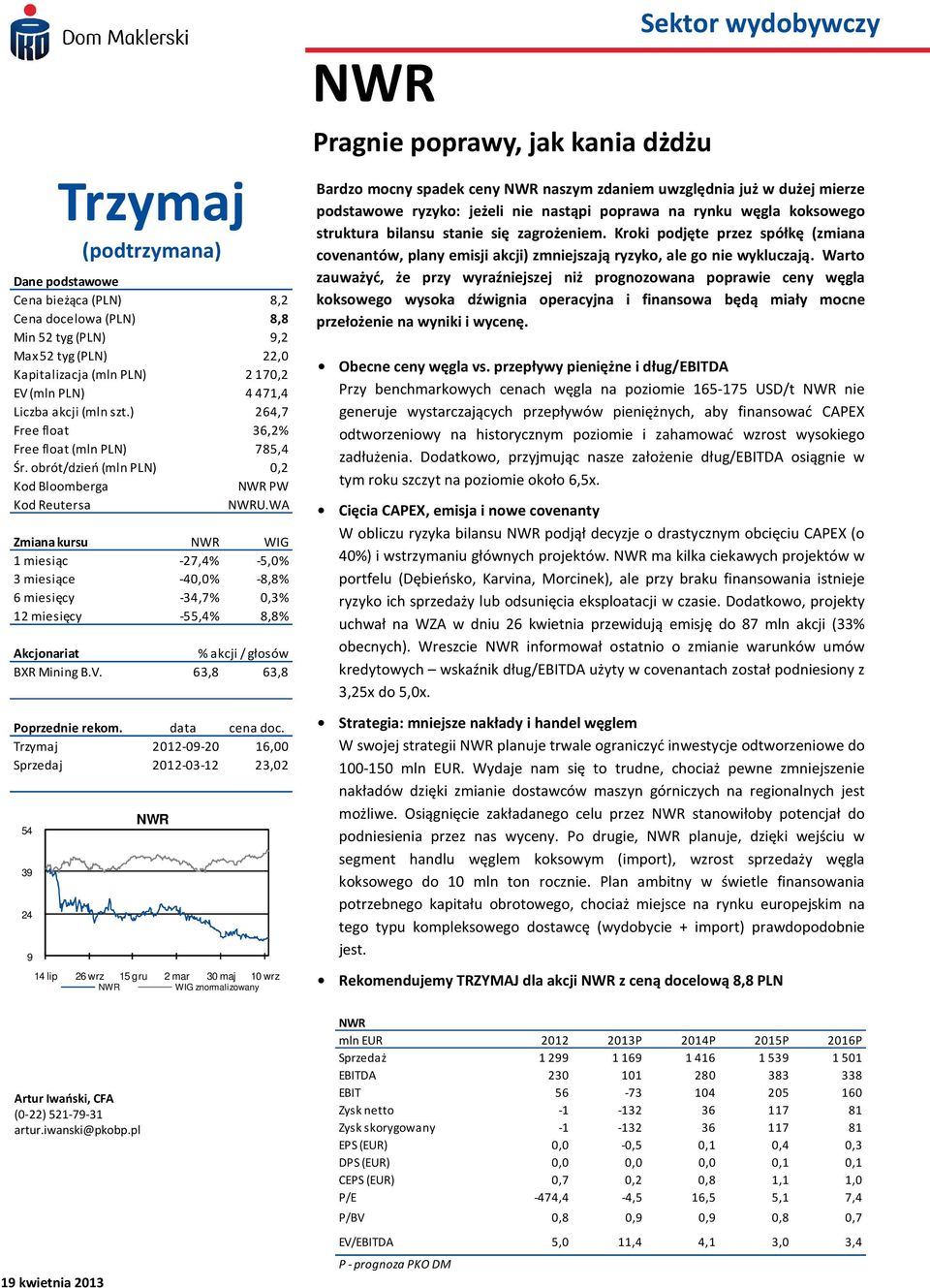 WA Zmiana kursu NWR WIG 1 miesiąc -27,4% -5,0% 3 miesiące -40,0% -8,8% 6 miesięcy -34,7% 0,3% 12 miesięcy -55,4% 8,8% Akcjonariat % akcji / głosów BXR Mining B.V. 63,8 63,8 Poprzednie rekom.
