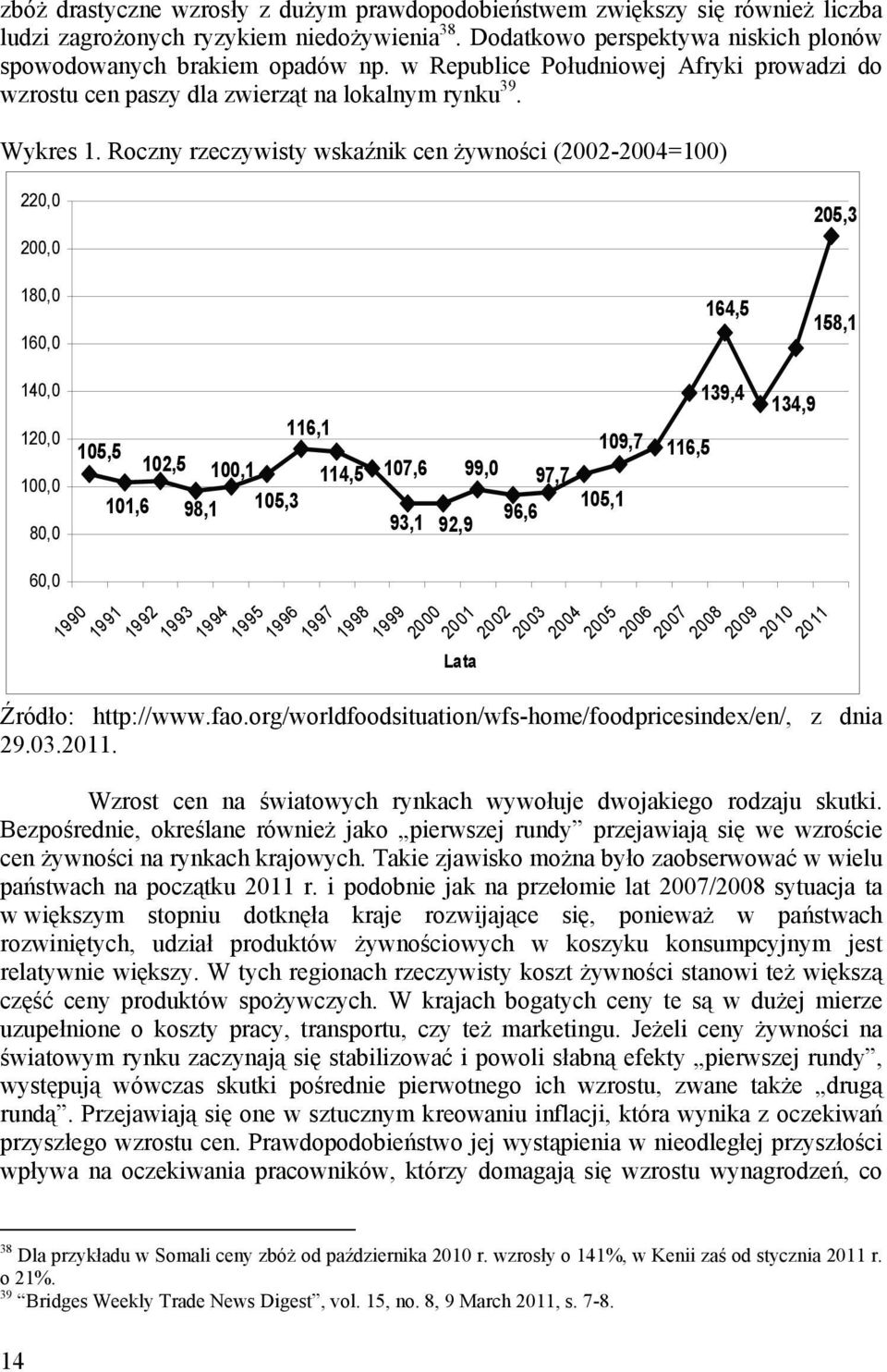 Roczny rzeczywisty wskaźnik cen żywności (2002-2004=100) 220,0 200,0 180,0 160,0 164,5 205,3 158,1 140,0 120,0 100,0 80,0 60,0 105,5 102,5 100,1 116,1 114,5 101,6 98,1 105,3 1990 1991 1992 1993 1994