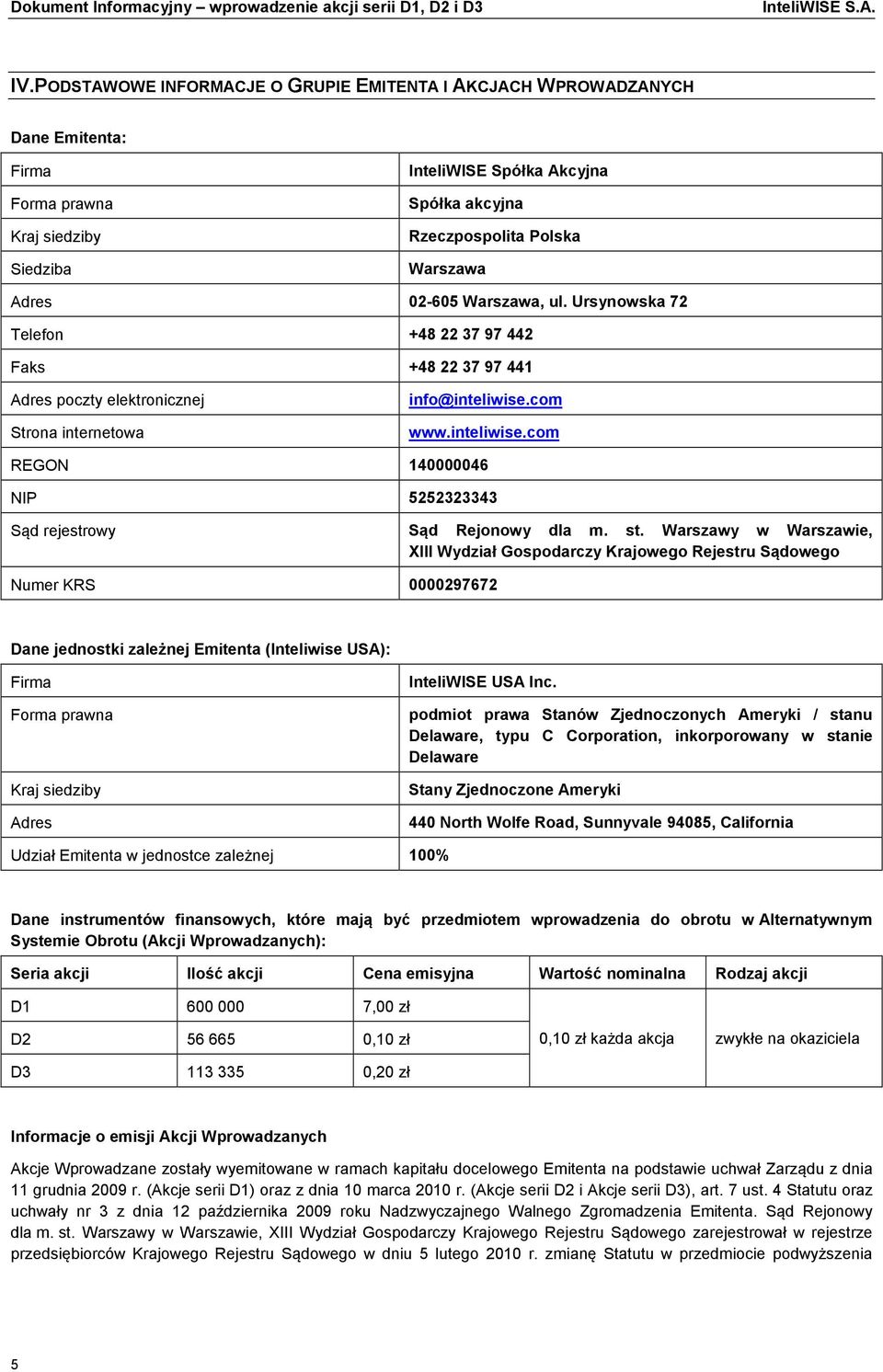 02-605 Warszawa, ul. Ursynowska 72 Telefon +48 22 37 97 442 Faks +48 22 37 97 441 Adres poczty elektronicznej Strona internetowa info@inteliwise.