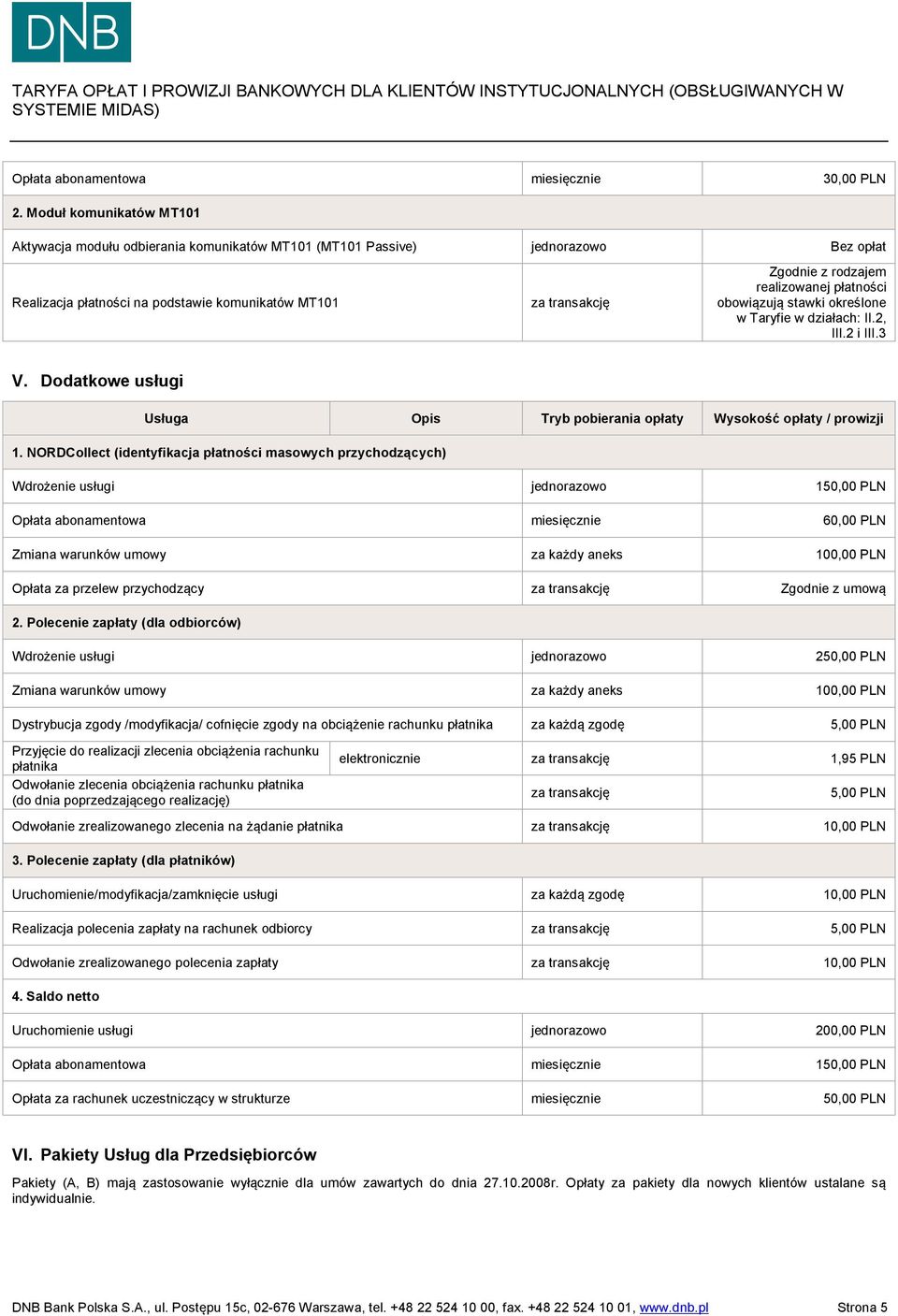 płatności obowiązują stawki określone w Taryfie w działach: II.2, III.2 i III.3 V. Dodatkowe usługi Usługa Opis Tryb pobierania opłaty Wysokość opłaty / prowizji 1.