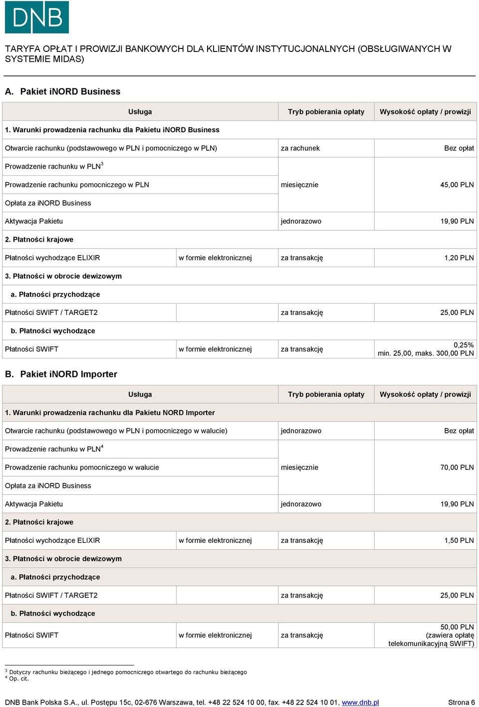 pomocniczego w PLN Opłata za inord Business miesięcznie 45,00 PLN Aktywacja Pakietu jednorazowo 19,90 PLN 2. Płatności krajowe Płatności wychodzące ELIXIR w formie elektronicznej 1,20 PLN 3.