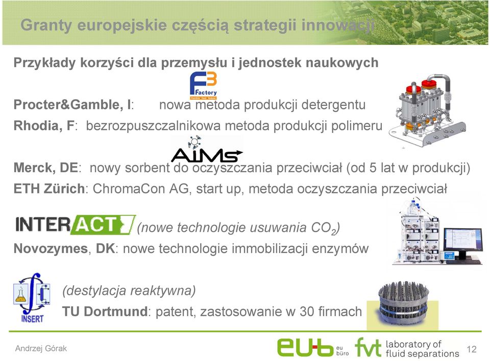 przeciwciał (od 5 lat w produkcji) ETH Zürich: ChromaCon AG, start up, metoda oczyszczania przeciwciał (nowe technologie