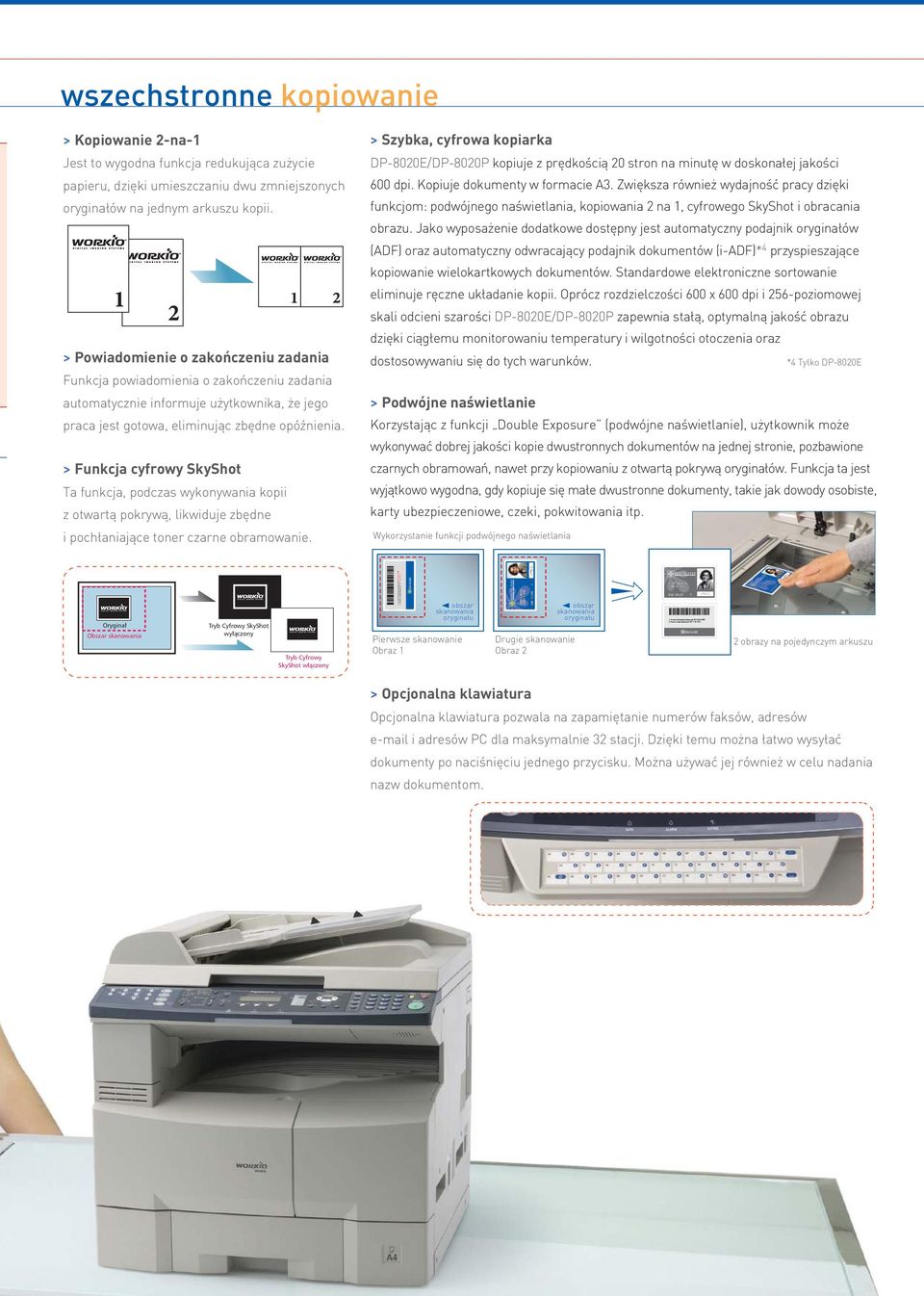 Zwiększa również wydajność pracy dzięki funkcjom: podwójnego naświetlania, kopiowania 2 na, cyfrowego SkyShot i obracania obrazu.