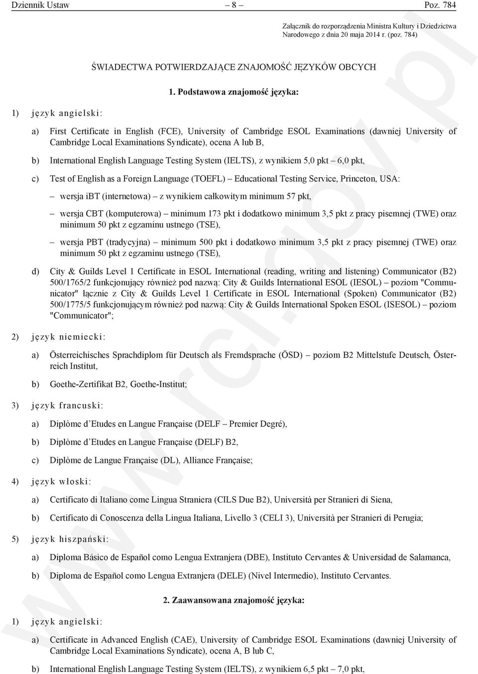 Podstawowa znajomość języka: a) First Certificate in English (FCE), University of Cambridge ESOL Examinations (dawniej University of Cambridge Local Examinations Syndicate), ocena A lub В, b)