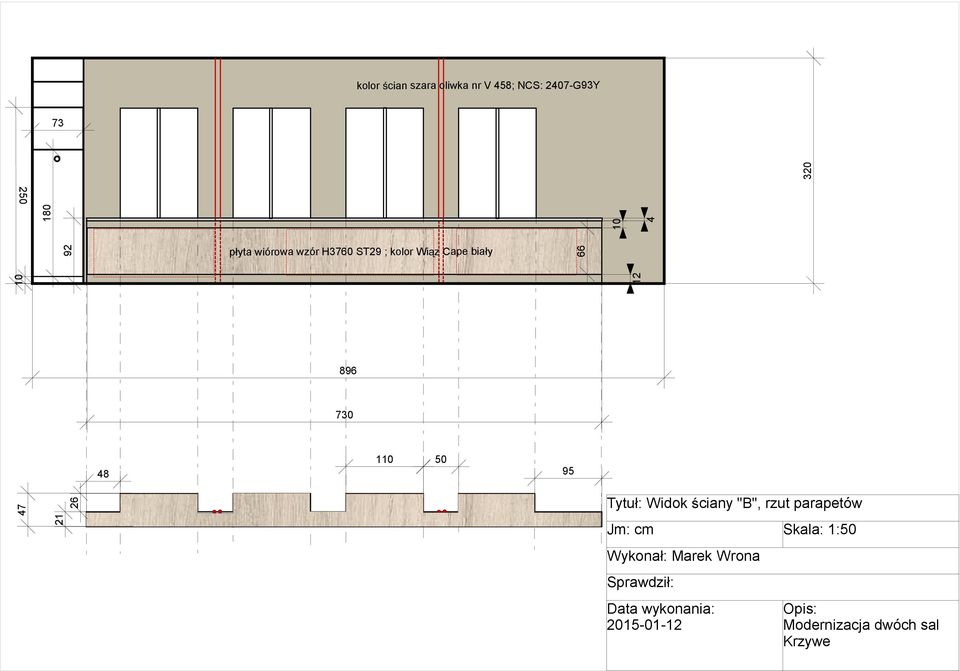 47 2 26 Tytuł: Widok ściany "B", rzut parapetów Jm: cm Skala: :50 Wykonał: