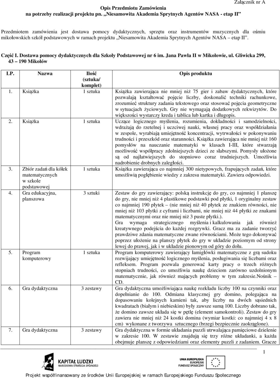 projektu Niesamowita Akademia Sprytnych Agentów NASA etap II. Część I. Dostawa pomocy dydaktycznych dla Szkoły Podstawowej nr 6 im. Jana Pawła II w Mikołowie, ul. Gliwicka 299, 43 190 Mikołów LP.