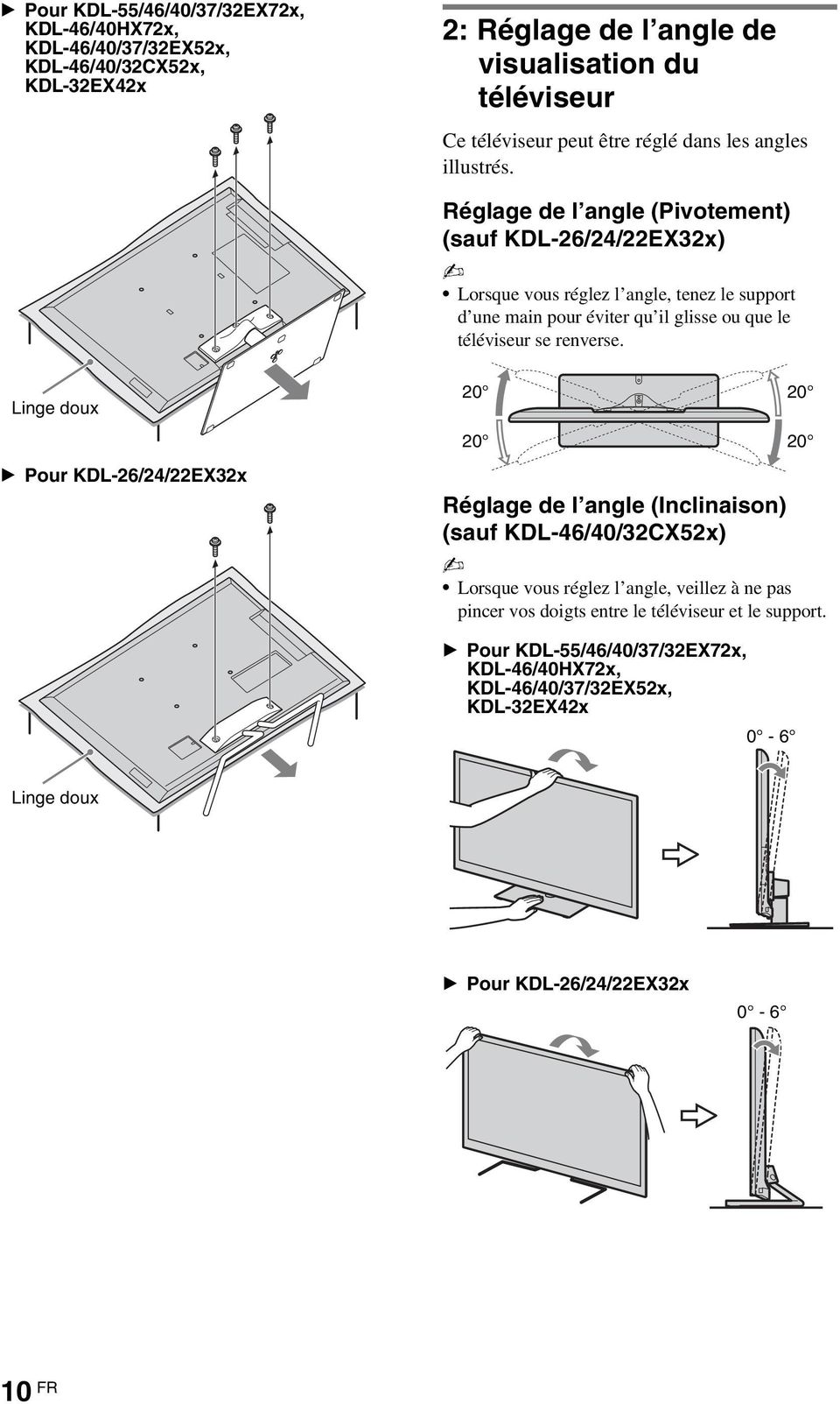 Réglage de l angle (Pivotement) (sauf KDL-26/24/22EX32x) Lorsque vous réglez l angle, tenez le support d une main pour éviter qu il glisse ou que le téléviseur se renverse.