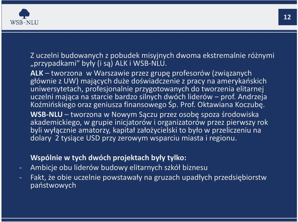 uczelni mająca na starcie bardzo silnych dwóch liderów prof. Andrzeja Koźmińskiego oraz geniusza finansowego Śp. Prof. Oktawiana Koczubę.