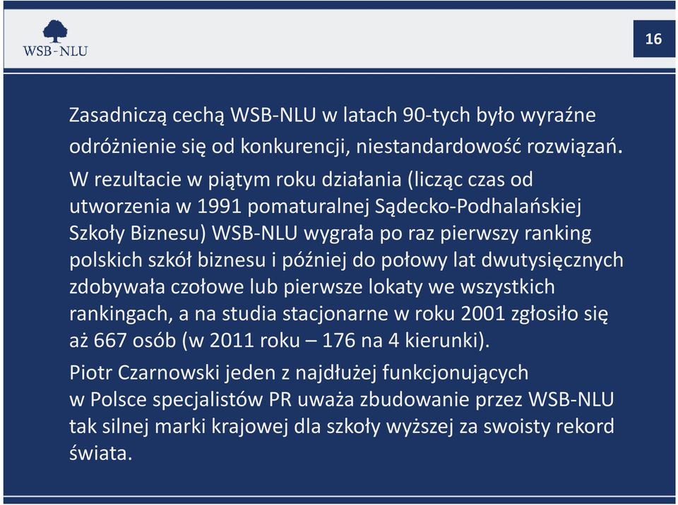 polskich szkół biznesu i później do połowy lat dwutysięcznych zdobywała czołowe lub pierwsze lokaty we wszystkich rankingach, a na studia stacjonarne w roku 2001