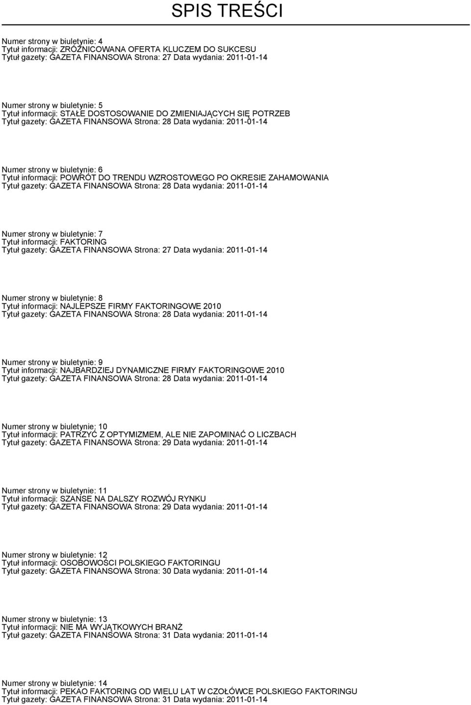 WZROSTOWEGO PO OKRESIE ZAHAMOWANIA Tytu³ gazety: GAZETA FINANSOWA Strona: 28 Data wydania: 2011-01-14 Numer strony w biuletynie: 7 Tytu³ informacji: FAKTORING Tytu³ gazety: GAZETA FINANSOWA Strona: