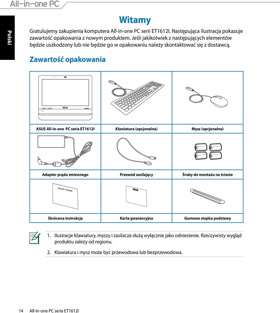 Zawartość opakowania ASUS All-in-one PC seria ET1612I Klawiatura (opcjonalna) Mysz (opcjonalna) Adapter prądu zmiennego Przewód zasilający Śruby do montażu na ścianie Skrócona