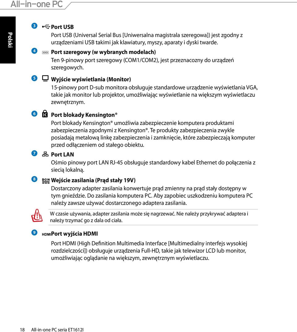 5 Wyjście wyświetlania (Monitor) 15-pinowy port D-sub monitora obsługuje standardowe urządzenie wyświetlania VGA, takie jak monitor lub projektor, umożliwiając wyświetlanie na większym wyświetlaczu