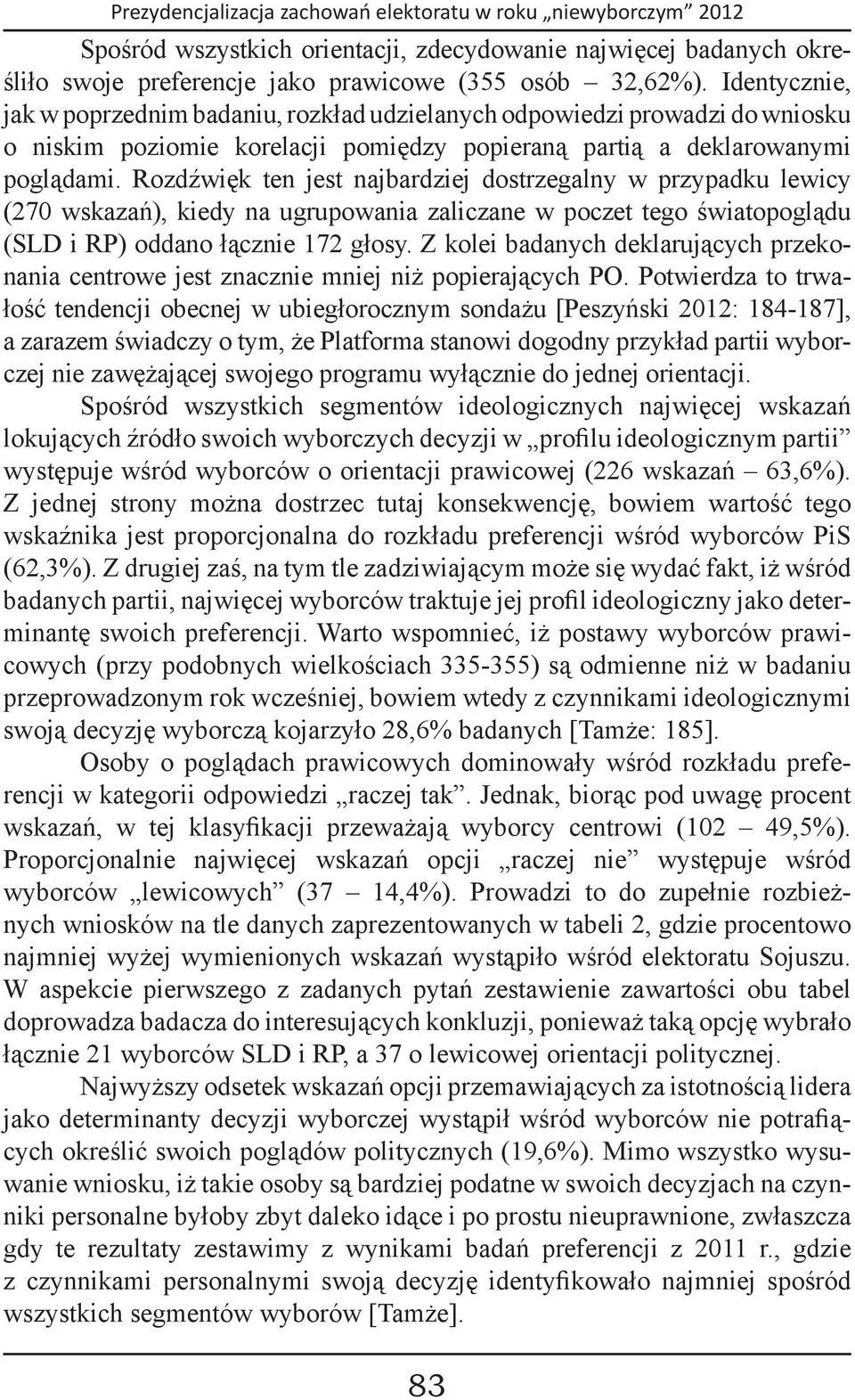 Rozdźwięk ten jest najbardziej dostrzegalny w przypadku lewicy (270 wskazań), kiedy na ugrupowania zaliczane w poczet tego światopoglądu (SLD i RP) oddano łącznie 172 głosy.