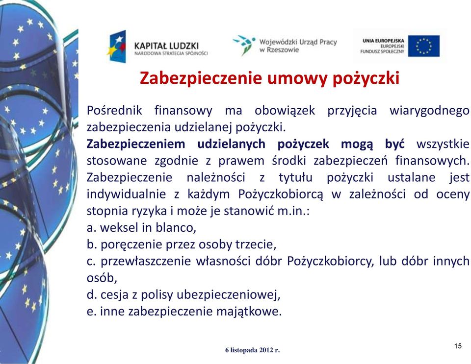 Zabezpieczenie należności z tytułu pożyczki ustalane jest indywidualnie z każdym Pożyczkobiorcą w zależności od oceny stopnia ryzyka i może je