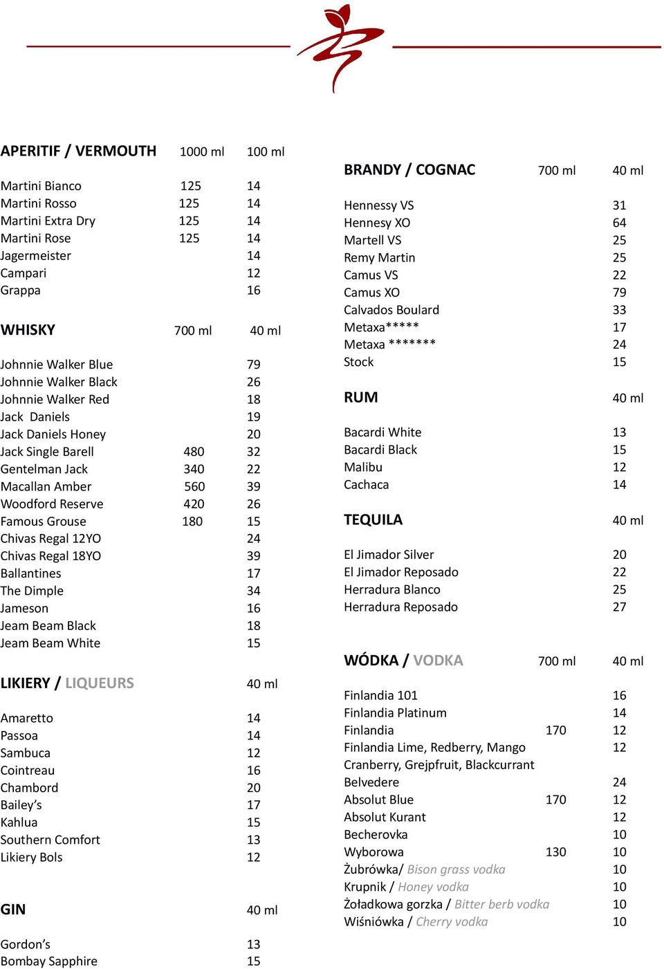 15 Chivas Regal 12YO 24 Chivas Regal 18YO 39 Ballantines 17 The Dimple 34 Jameson 16 Jeam Beam Black 18 Jeam Beam White 15 LIKIERY / LIQUEURS 40 ml Amaretto 14 Passoa 14 Sambuca 12 Cointreau 16