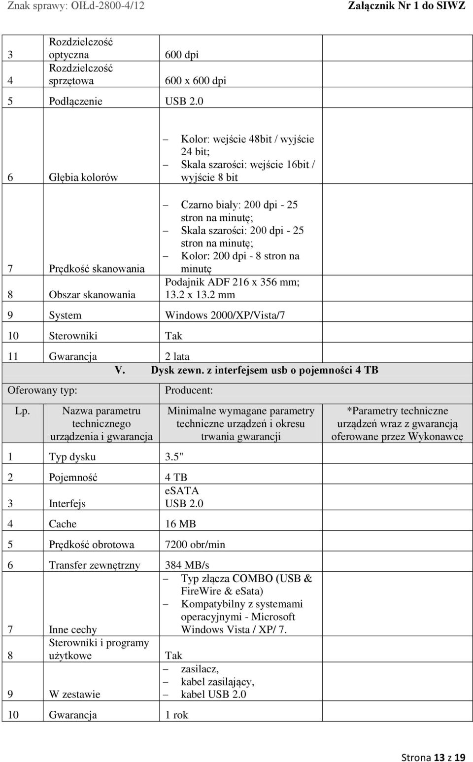 szarości: 200 dpi - 25 stron na minutę; Kolor: 200 dpi - 8 stron na minutę Podajnik ADF 26 x 356 mm; 3.2 x 3.2 mm 9 System Windows 2000/XP/Vista/7 0 Sterowniki Tak Gwarancja 2 lata V. Dysk zewn.