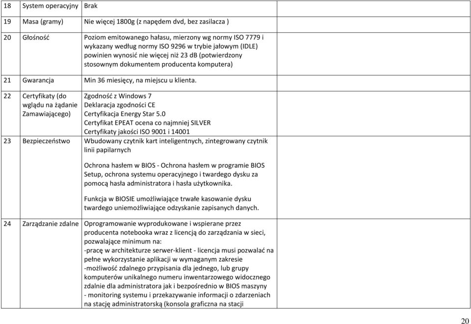 22 Certyfikaty (do wglądu na żądanie Zamawiającego) Zgodność z Windows 7 Deklaracja zgodności CE Certyfikacja Energy Star 5.
