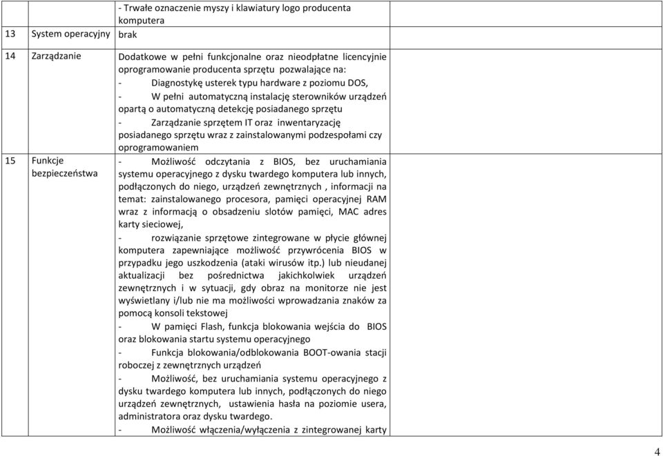 oraz inwentaryzację posiadanego sprzętu wraz z zainstalowanymi podzespołami czy oprogramowaniem 15 Funkcje bezpieczeństwa - Możliwość odczytania z BIOS, bez uruchamiania systemu operacyjnego z dysku